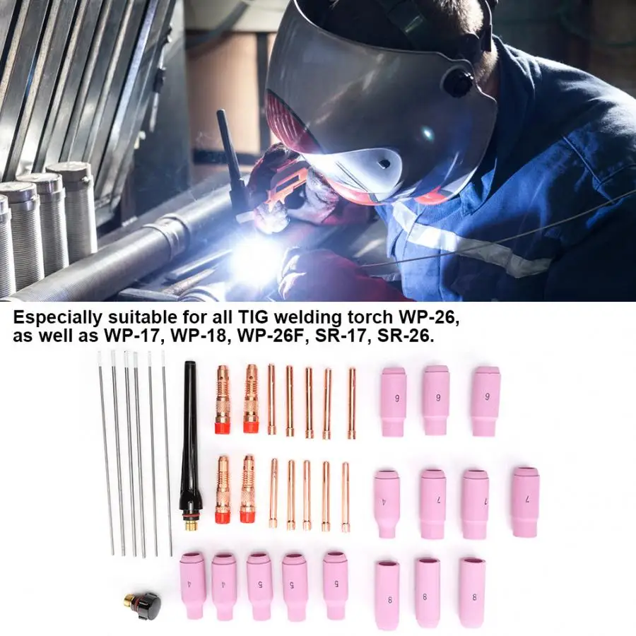 Welding Nozzles TIG Parts Tungsten Electrode Alumina Nozzle Collet Body Back Cap for WP17/18/26 Torch Welding 37pcs