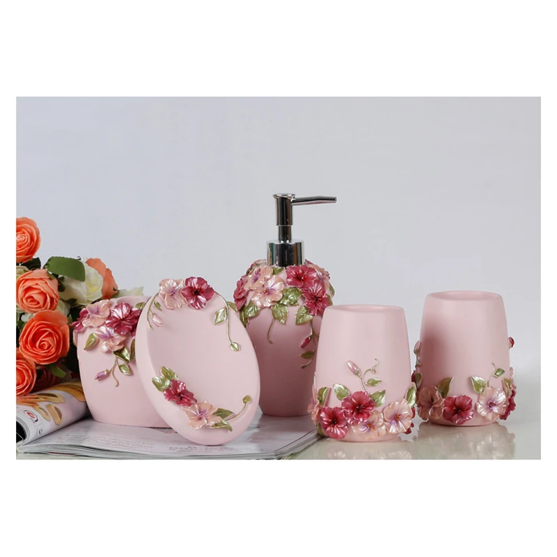 Country Style Resin 5Pcs Bathroom Accessories Set Soap Dispenser/Toothbrush Holder/Tumbler/Soap Dish(Pink