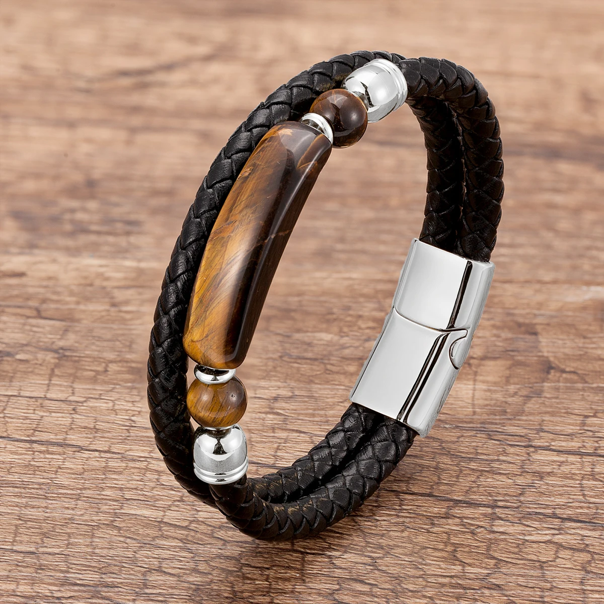 Fashion Echtes Leder Armband Männer Multilayer Seil Natürliche Stein Armbänder Edelstahl Magnetische Schließe Armreif Männlichen Schmuck – Detail 20