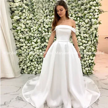 

Off The Shoulder Simple Vestido De Noiva 2020 Boho Wedding Dresses Draped Skirt Custom Made Bridal Dress Vestido De Casamento