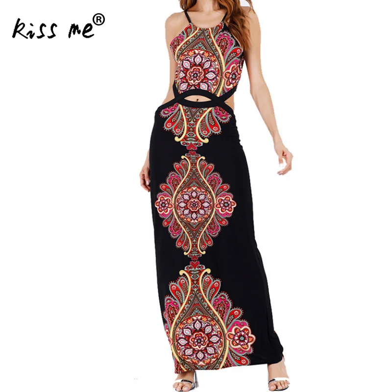 

Bohemian Style Long Beach Dress Backless Hollow Vintage Beach Wear Sling Slimming Maxi Dress Women Summer Holiday Robe Folk