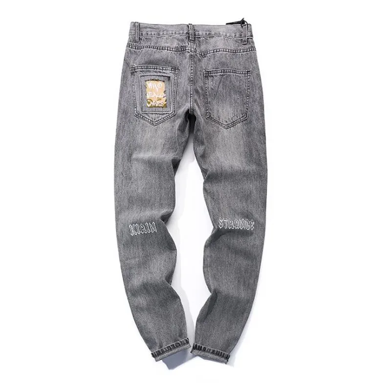 Men Gray Jeans Hole in the Knee Jeans New Vintage Biker Jogger Distressed Hole Baggy Denim Slim Fit Casual Pants M XXL