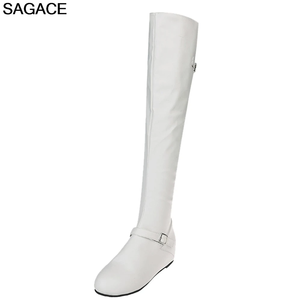 SAGACE/сапоги; модные сапоги до колена; женские зимние сапоги; высокие женские сапоги на плоской подошве, увеличивающие рост; весенне-Осенняя обувь с круглым носком без застежки