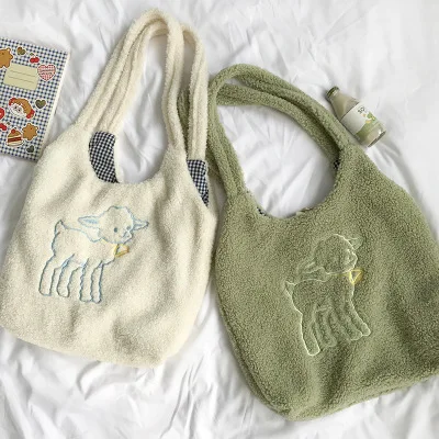 

Ins Version 2020 New Casual Lambskin Shoulder Bag Student Cute Sheep Printed Large capacity School Bag Emboridery Hand bag