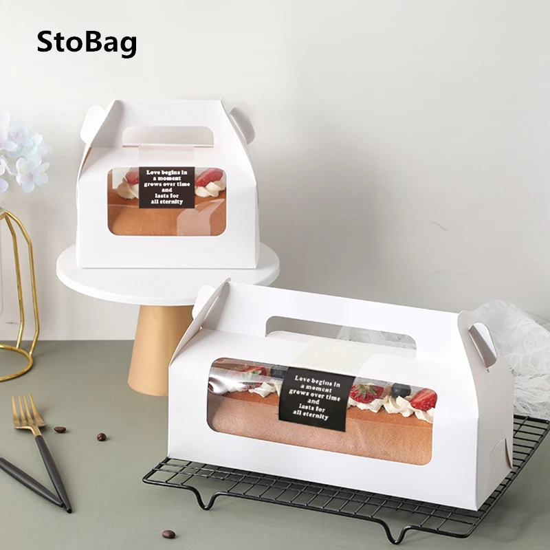 

StoBag-Handle Cake Packing Boxes Towel Roll Swiss Roll Wedding Birthday Party Farvor Handmake Gift with Transparent Window 10Pcs