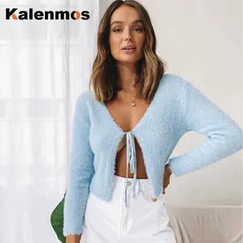 

Fur Coat Women KALENMOS Spring Autumn Winter Cardigan Fleece Loose High Street Jacket Solid Lace Up Slim Flocking Harajuku Tops
