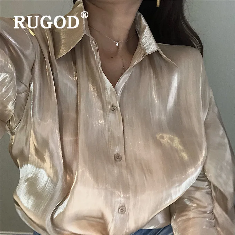 RUGOD корейский стиль Шикарный яркий цвет шампанского элегантная рубашка Дамы отложной воротник весна осень одежда женские топы