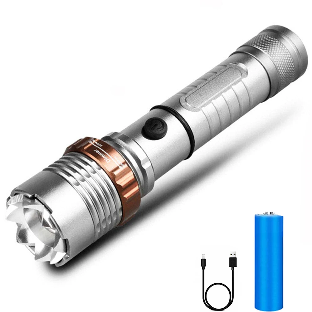 

Dropshipping 6000LM Flashlight T6 Aluminum Alloy Rotating Focus Glare Self-Defense Rechargeable Flashlight Lotus Head Five-Speed