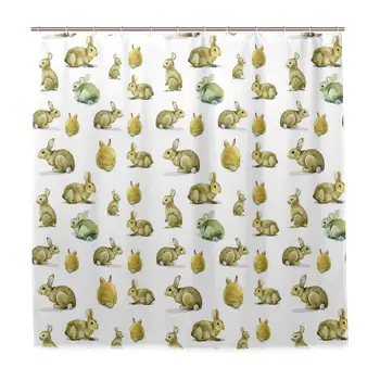 

Shower Curtain, Watercolor Cute Furry Rabbits Print Customized Bathroom Shower Curtain Set with Hooks, W72 xH96