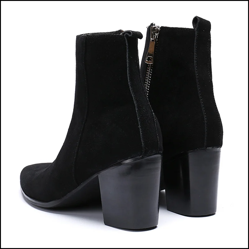 Plus Size New Elegant Man High Heels Pointed Toe Handmade Riding Shoes Cow Suede Leather Men's Motorcycle Ankle Boots SL636
