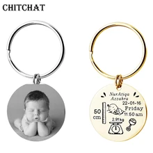 Customized Baby Date Of Birth Round Keychain Engraved Photo Names Keyrings Stainless Steel Newborn Keepsake Keyring