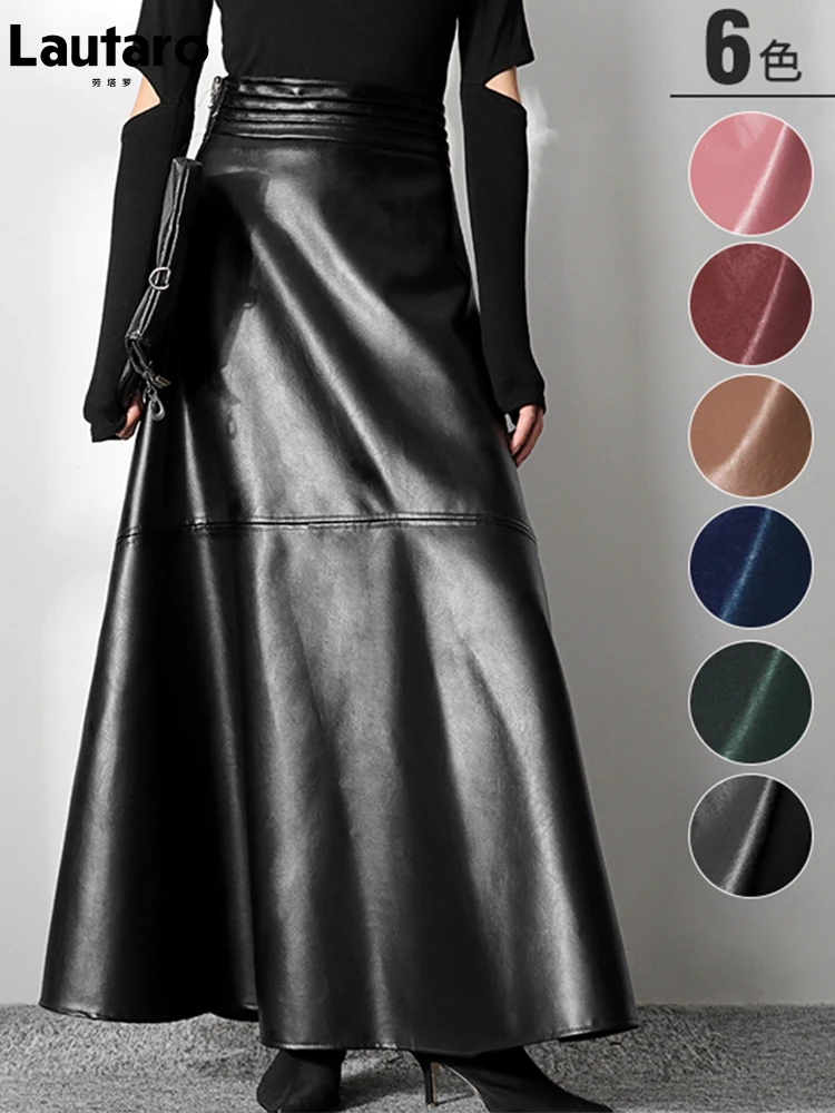 Lautaro Autumn Long Black A Line Soft Faux Leather Skirt Women High Waist Blue Stylish Maxi Skirts Korean Fashion Clothing 2021