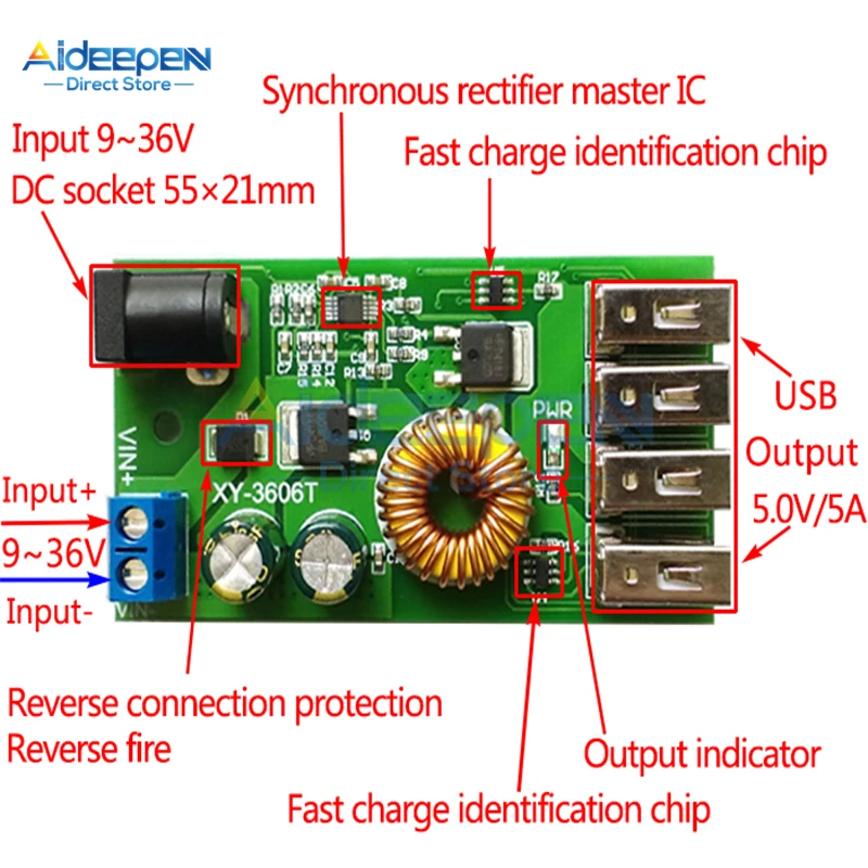 DC-DC 9 в 12 В 24 в 36 В до 5 В 5A 25 Вт понижающий модуль 4 USB выход понижающий преобразователь модуль питания с алюминиевым корпусом чехол