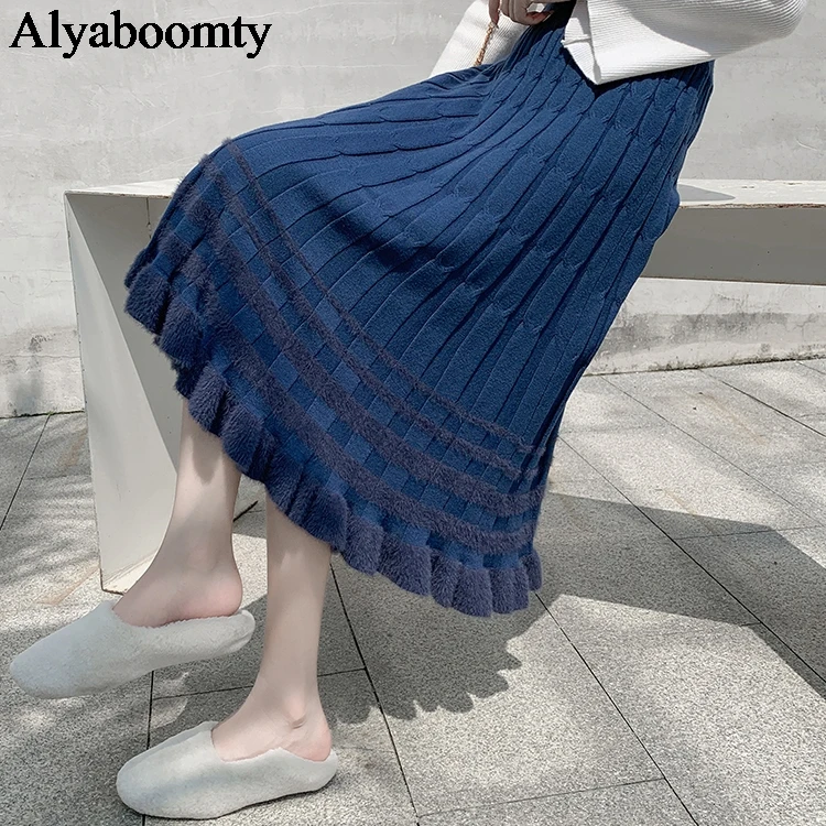 Корейский стиль, Осень-зима, Женская юбка миди с высокой талией, темно-синий, черный, хаки, юбки для женщин, s, Элегантная трикотажная плиссированная юбка с оборками, Saias - Color: Navy Blue
