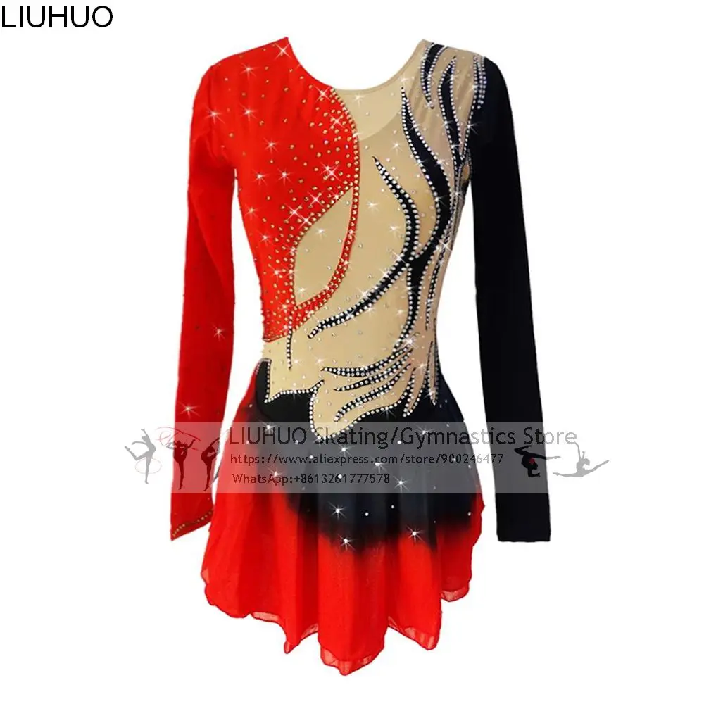 

Ice Skating Dress Girls Red Rhinestones Lace Children Kids Competition Dress High Elasticity Figure Skating Costumes for Women