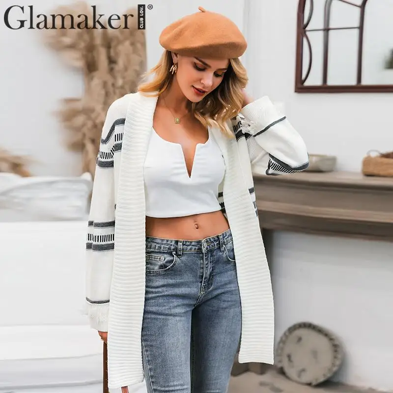 Glamaker вязаный кардиган в полоску и горошек, женский длинный кардиган с расклешенными рукавами в стиле пэчворк с кисточками, женский осенне-зимний теплый кардиган