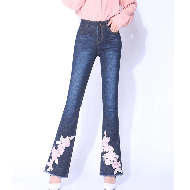 Fashion embroidery Denim Flare Pants Women Retro Ripped Jeans woman Wide Leg Trousers Lady Casual Bell-Bottoms Flare Pant Female - Цвет: dark blue-2