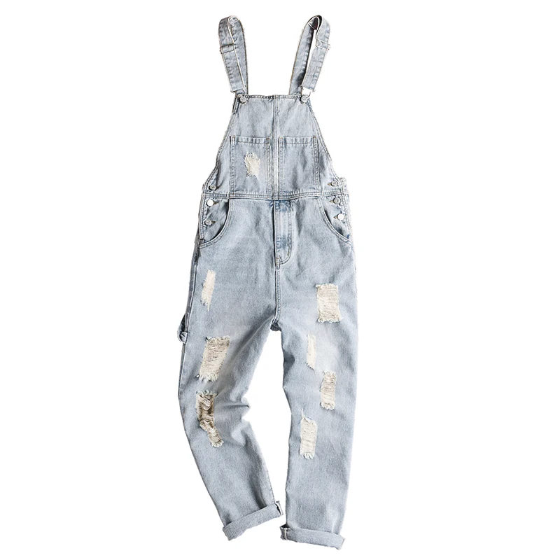 

Sokotoo Men's light retro blue holes ripped denim bib overalls Distressed jeans Suspenders jumpsuits Coveralls