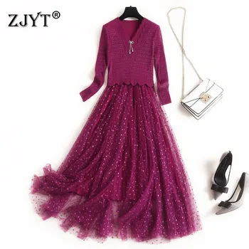 

Top Fashion Designer Spring Summer Dress Women 2020 New Elegant Long Sleeves V Neck Aline Midi Tulle Patchwork Party Dresses