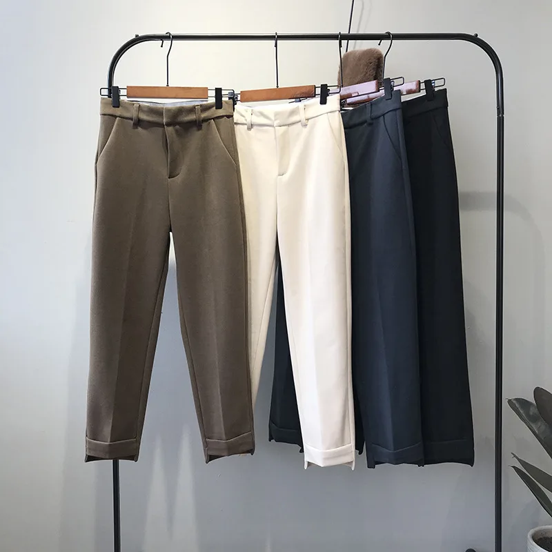 Mooirue Весна Зима Pantalon для женщин Рабочая Высокая талия шерстяные теплые свободные Высокая талия Дамы Pantalon низ