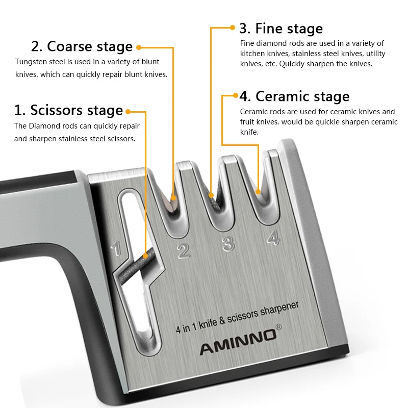 AMINNO Точилка для ножей 4 этапа Вольфрамовая алмазная керамика, более длительный срок службы, точилка для ножей точильщик ножей точильный камень