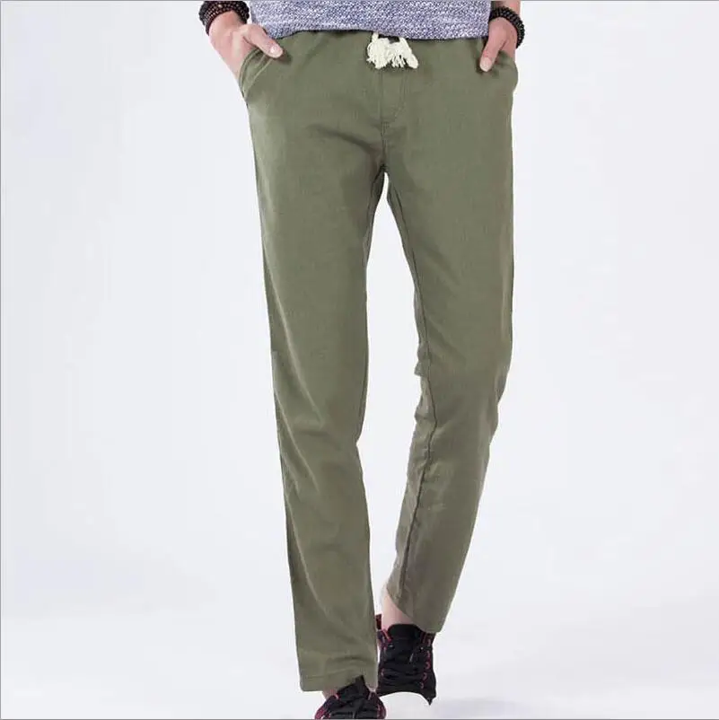 army green Летние мужские повседневные тонкие льняные брюки, одноцветные брюки, дышащие брюки размера плюс, прямые брюки на шнурке - Цвет: army green