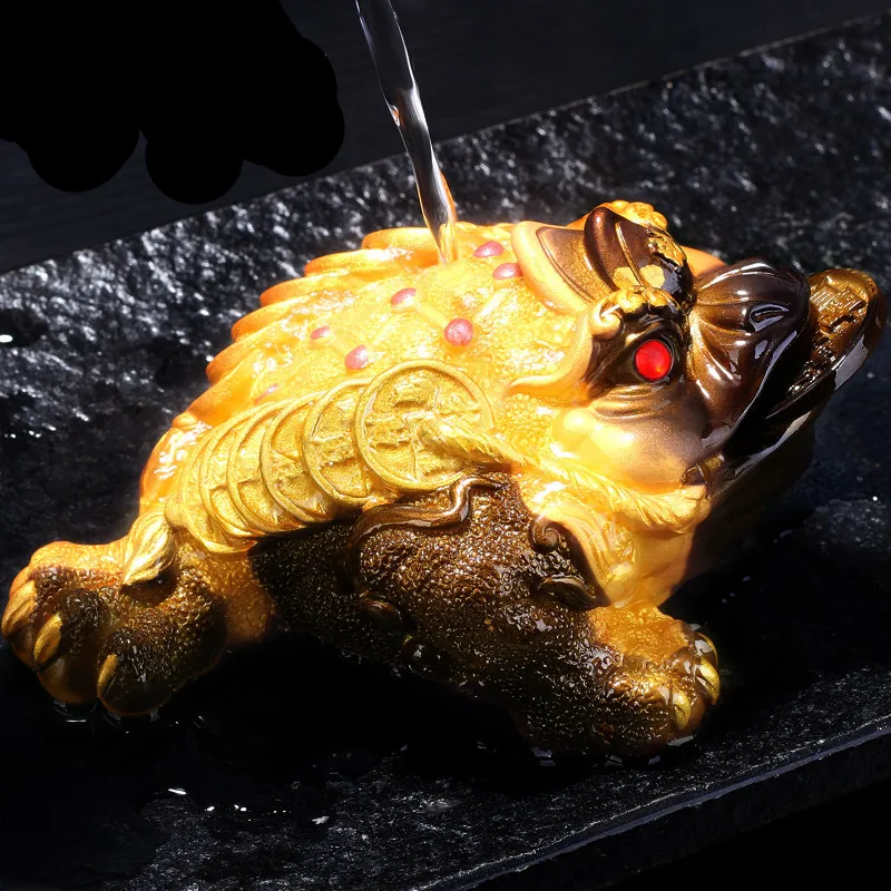 Resin Handcrafted Gift Gold Toad Color Change Tea Pet Chinese Set Creative Brave Troops Decoration Room Lucky Ornament | Дом и сад