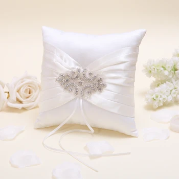 

20*20CM Floral Theme White Color Satin Wedding Ring Pillow With Rhinestones and Ribbons