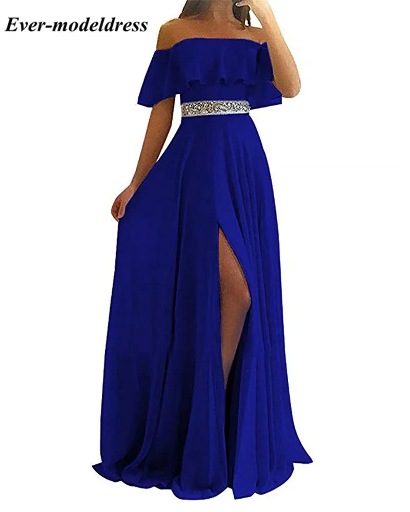 Небесно-голубое шифоновое платье для выпускного вечера, длинное с разрезом, с открытыми плечами, с бисером, с поясом, вечерние платья Gala Jurken