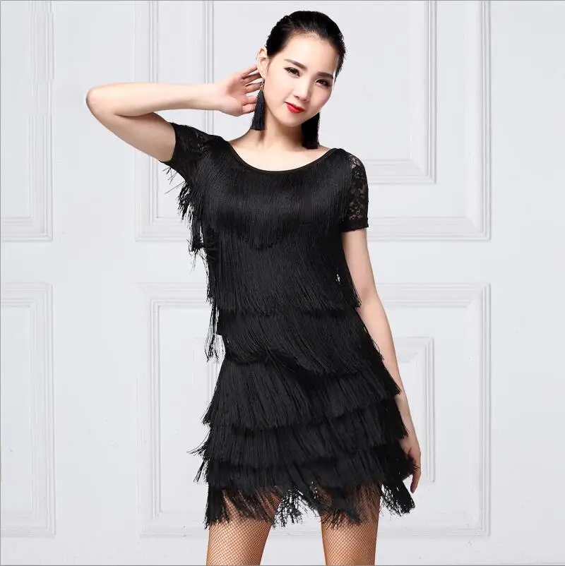 black short sleeve Латинское танцевальное платье для взрослых, новинка года, европейский стиль, для детей, для женщин, Румба, Сумба, латиноамериканское с кисточками, платье для танцев, черный, красный - Цвет: black short sleeve