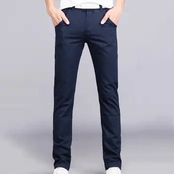 

New Men Solid Color Trousers Business Button Casual Slim Cotton Straight Long Pants Pockets Basic Pants