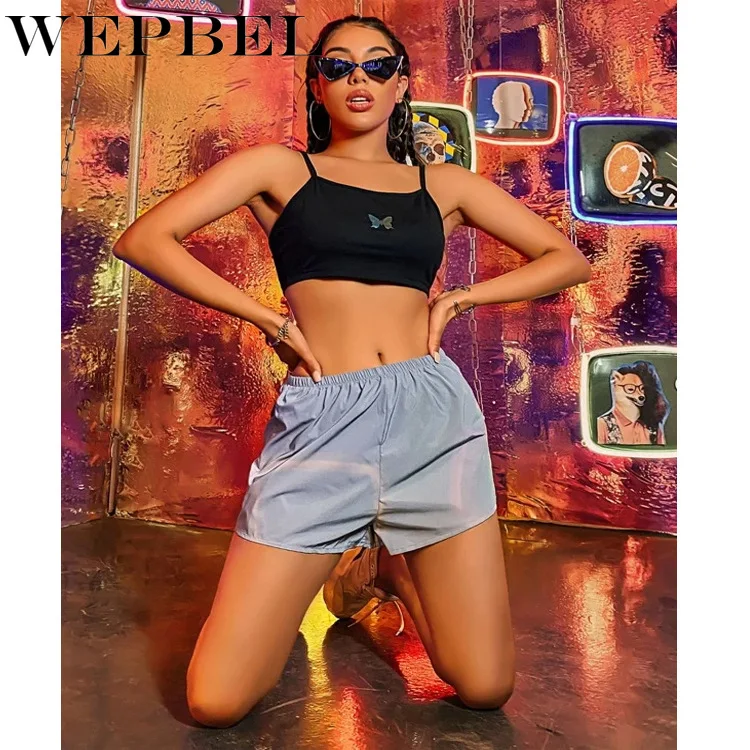 

WEPBEL Summer Solid Color Elastic Mid Waist Sexy Straight Shorts Women's Reflective Shorts