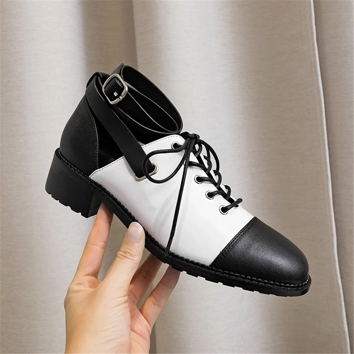 Women's genuine leather mix color patchwork falts ankle strap leisure oxfords lace-up casual oxfords high quality shoes women