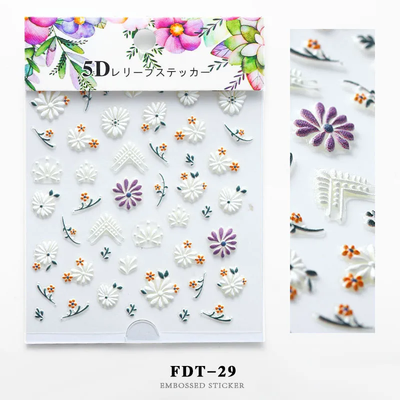 1pc 5D Acrylic Engraved Flower Nail Sticker Embossed Flower Leaves Nail Water Decals DIY Slider Design Nail Art Decoration Tools - Цвет: FDT-29