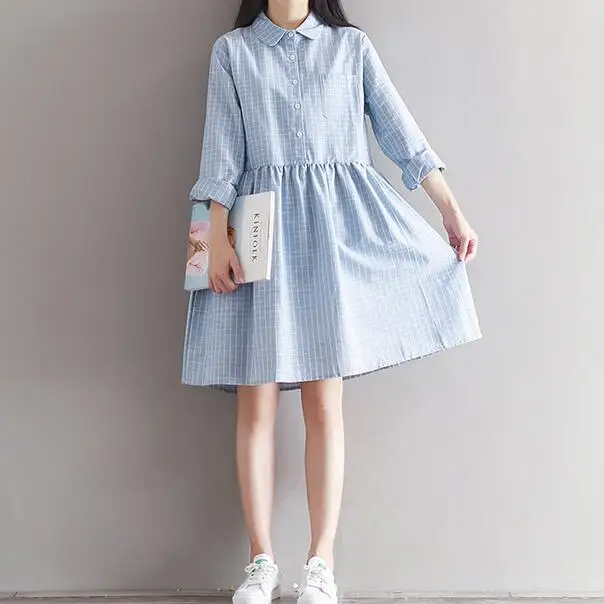 2020 Mori Girl ropa mujer осеннее женское платье в клетку с отложным воротником и длинным