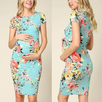 

Womens Round Neck Short Sleeve Pleated Print Maternity Dress Maternity Bodycon Dress FJ88