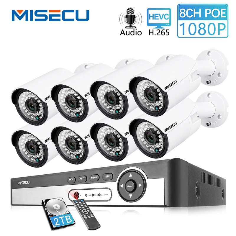 MISECU H.265 8CH 1080P POE Система безопасности камера комплект аудио запись IP ИК Открытый