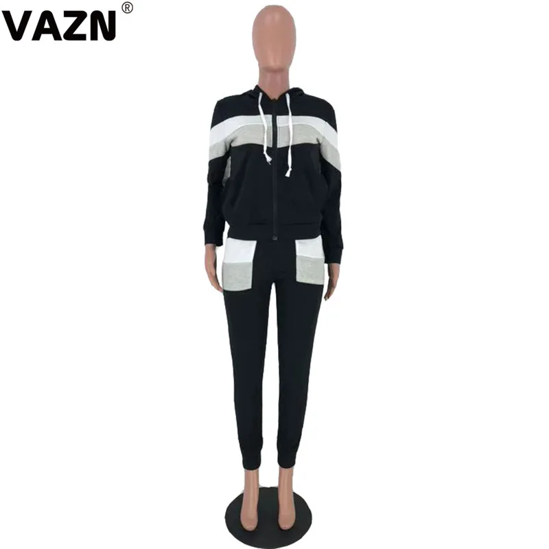 VAZN AWN5058, шикарный дизайн, осень, сексуальный женский черный повседневный комплект, с капюшоном, на молнии, топ, длинные штаны, простые женские комплекты
