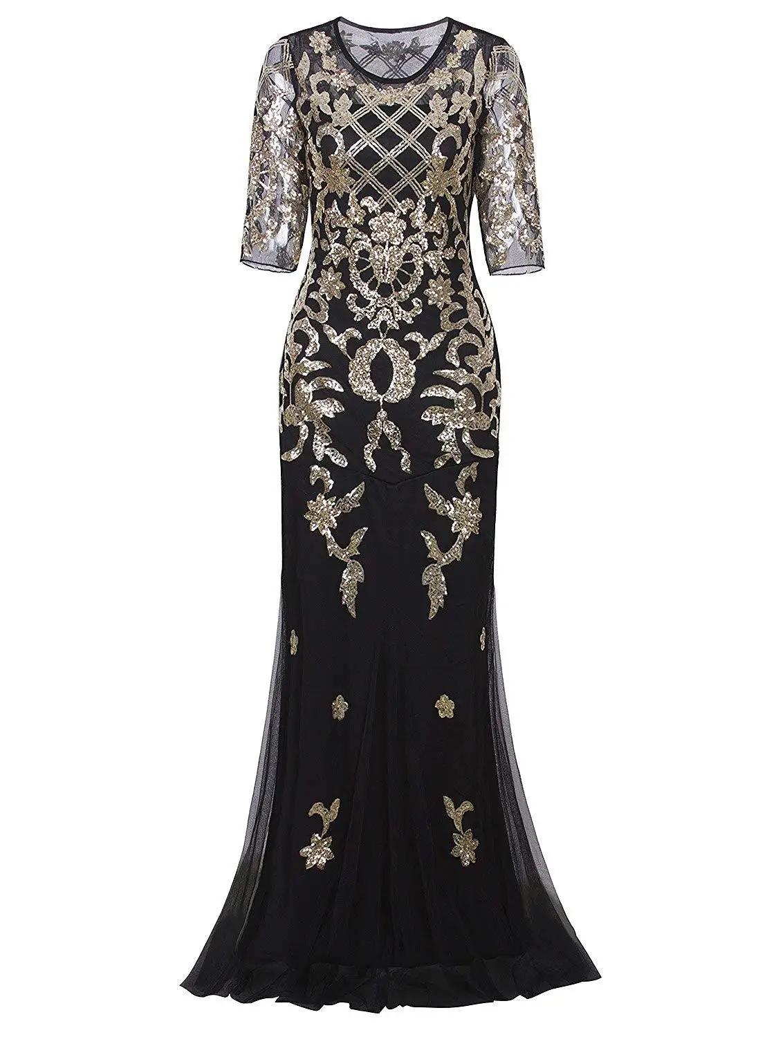 

Vintage 1920s Great Gatsby Long Party Dresses 2/3 Sleeve Sequin Beaded Flapper Cocktail Party Plus Size Prom Dress