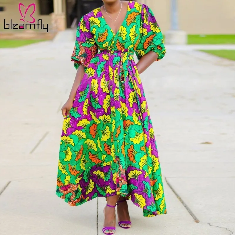 Africa Dashiki Long Dress for Women Floral Printing Indie Folk Dresses V-Neck Puff Half Sleeve A-Line Long Dresses With Sashes