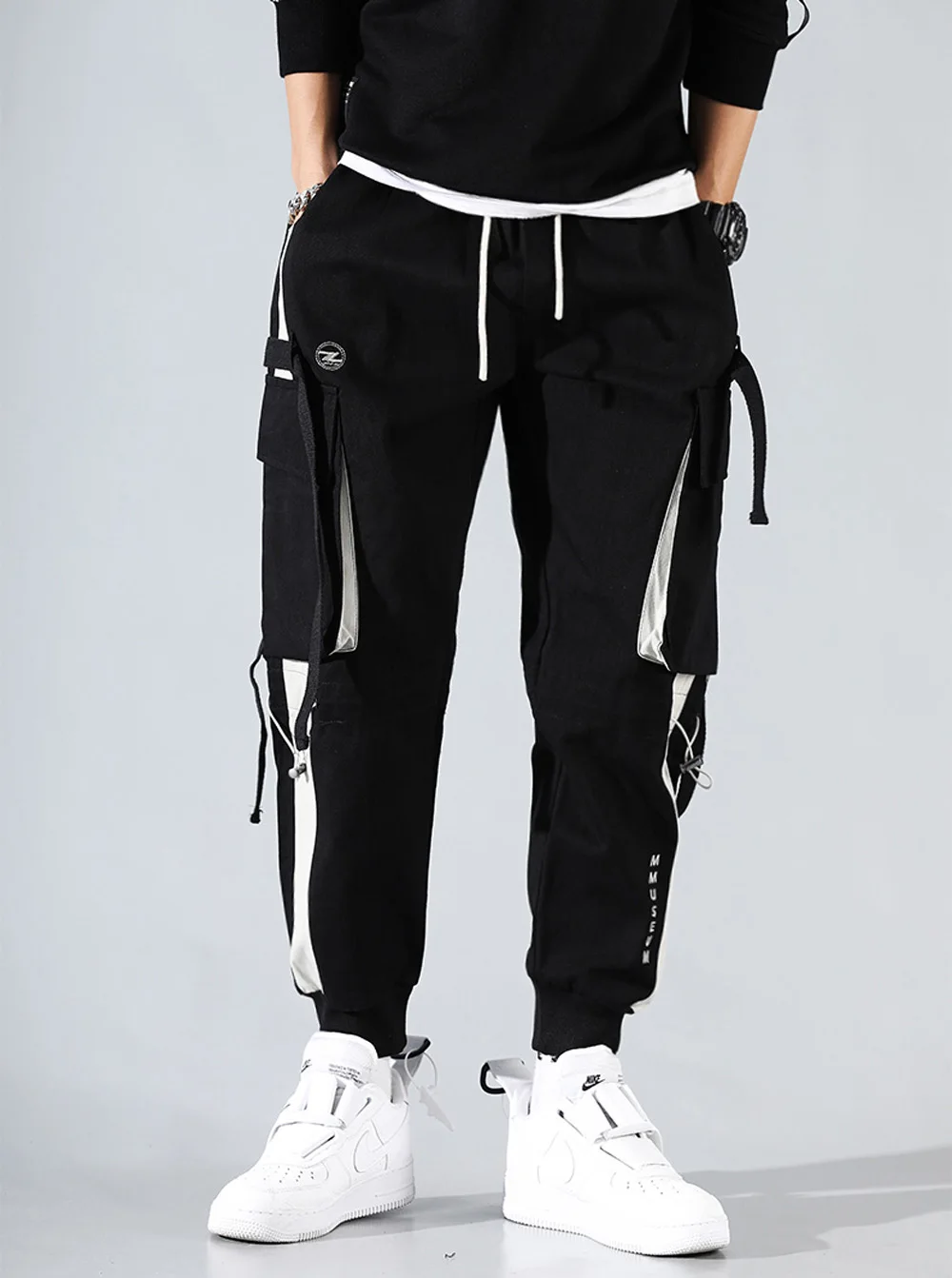 Men Cargo Pants Black Ribbons Block Multi-Pocket Harem Joggers Harajuku Sweatpant Hip Hop Casual Harem Tide Male Trousers cargo jeans