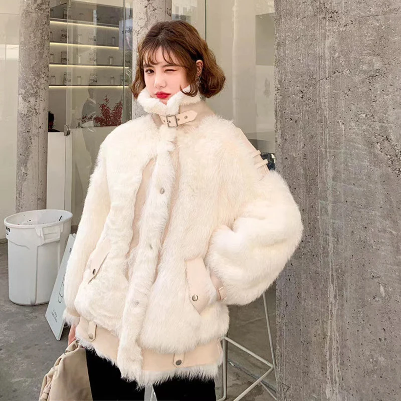 Off-white Женское зимнее пальто из натуральной овечьей шерсти, новинка, модная женская шерстяная куртка с мехом из натуральной кожи - Цвет: Off-white