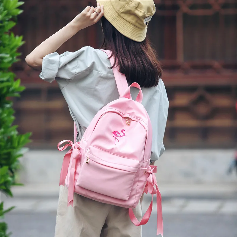 

New Style Hipster Backpack Women's Flamingo Backpack Bow Women's College Backpack Campus Junior High School STUDENT'S School Bag