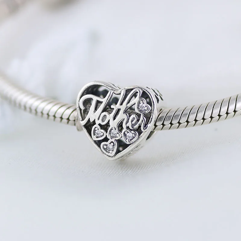 DIY Серебряный Шарм подходит к оригинальному браслету Pandora бусины 925 пробы серебро любовь болтаются Шарм Сердце, мать, дочь, сердце из бисера