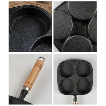 

Cast Iron Breakfast Four Hole Frying Pan Cookware With Porosity Long Handle Flat Design Uncoated Egg Mold Pancake Pot Cooking