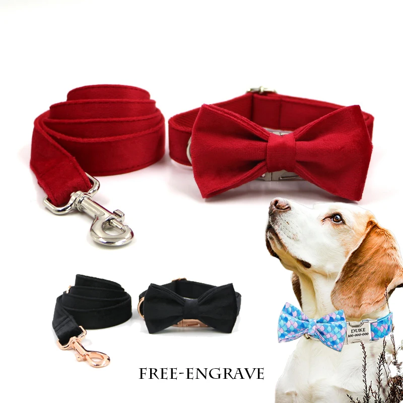 

Pure Red Dogs Colorful Gorgeous Pet Breathable Fabric Collar Traction Rope Bow Custom Name Engrave