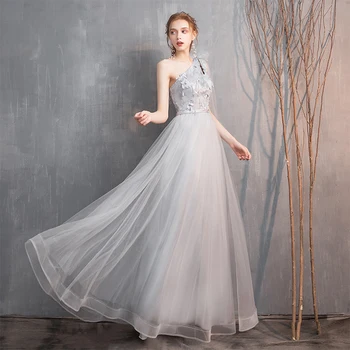 

Women's long wedding party dress one shoulder tulle A line formal prom evening party dress ceremony graduation bridesmaid dress