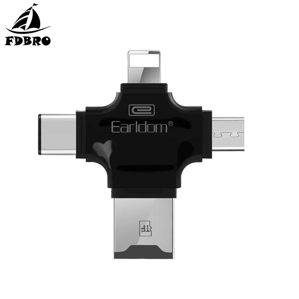 Черный FDBRO 4 в 1 type-c/Micro USB/USB 2,0 считыватель карт памяти Micro SD кардридер android otg считыватель для iphone 7plus 6s5s ридер - Цвет: Черный