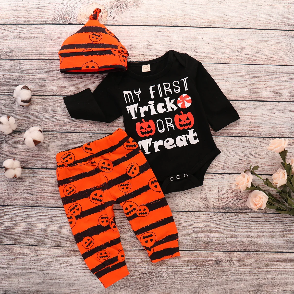 

CYSINCOS Baby's Sets Halloween New Pumpkin Letter Print Top Hat Striped Pants Set Baby Boy Girls Cloths Suits 3 Piece Set