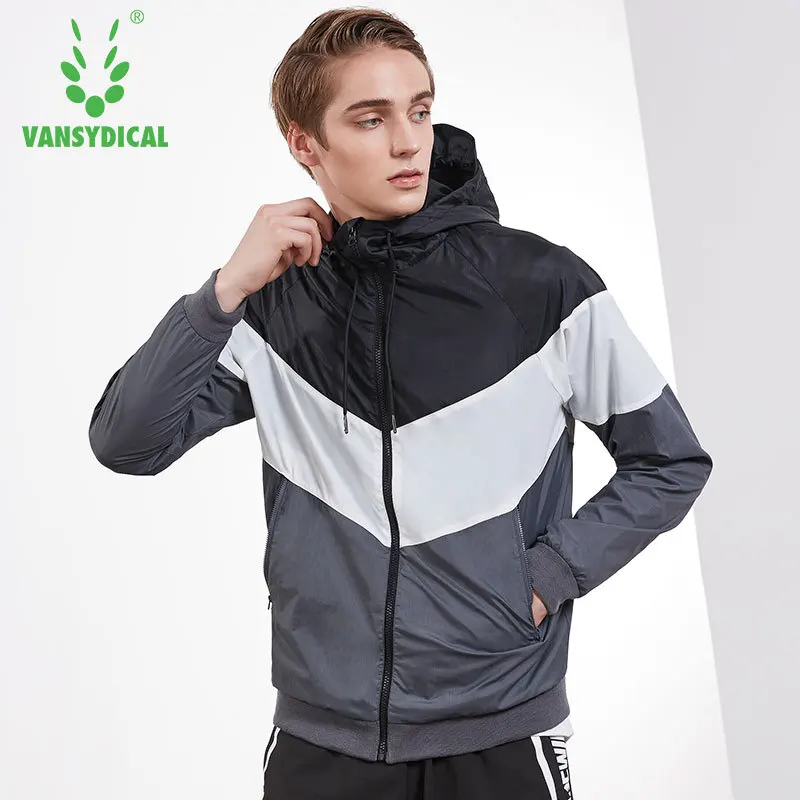 

Vansydical Sports Jackets Men's Hooded Stand Collar Zipper Tops Outdoor Running Training Windproof Casual Coat